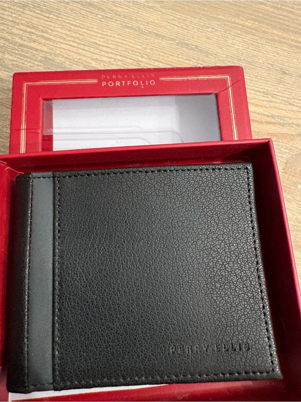 NWT Perry Ellis Black Leather Wallet with Contrast Stitching